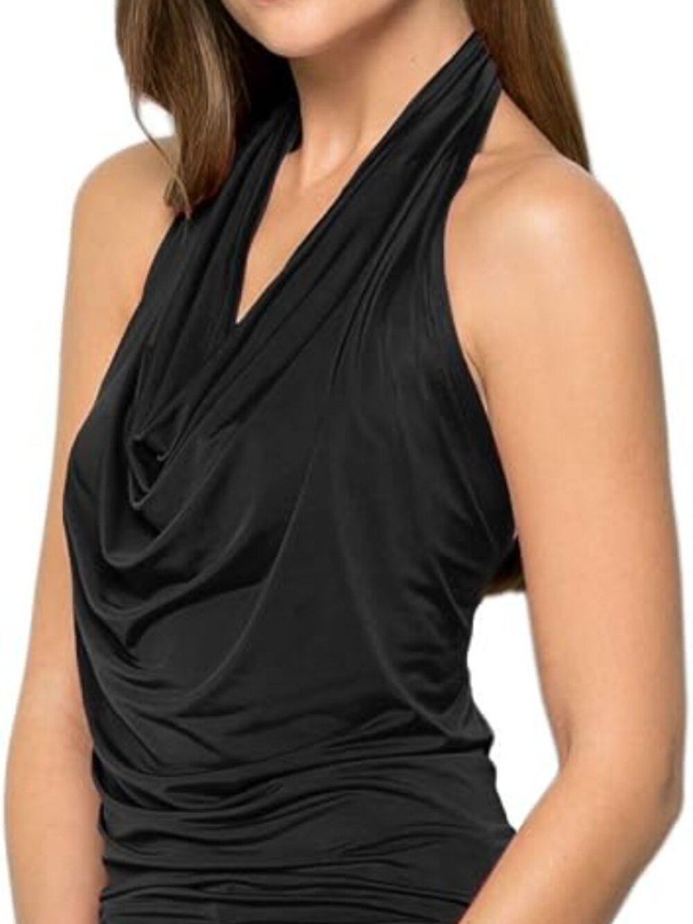 Women's Casual Black Halter Neck Draped Front Sexy Backless Tank Top (S) - Picture 3 of 6